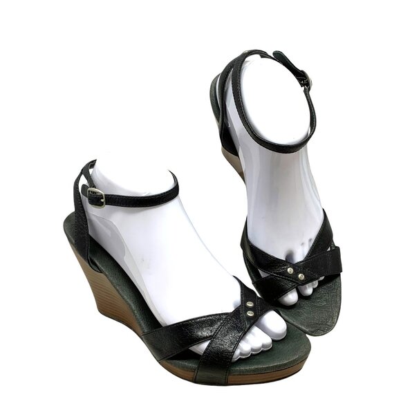 UGG Australia Isadora‎ Black Leather Ankle Strap Wedge Sandals - Picture 1 of 12